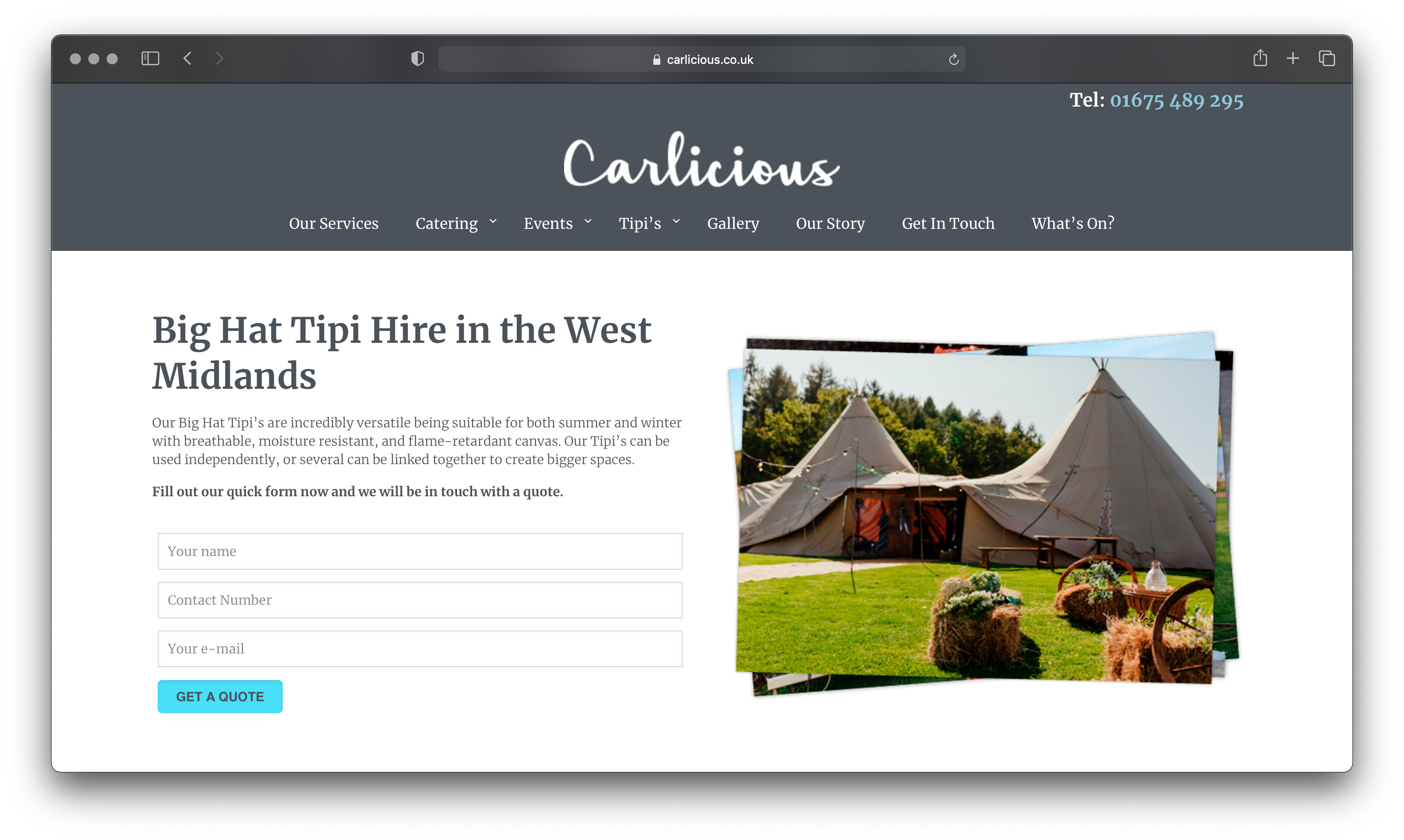 Carlicious Big Hat Tipi Hire Landing Page